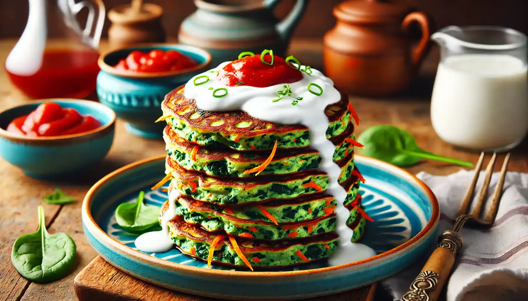 Savory cottage cheese pancakes with spinach, served with Greek yogurt and tomato ketchup.