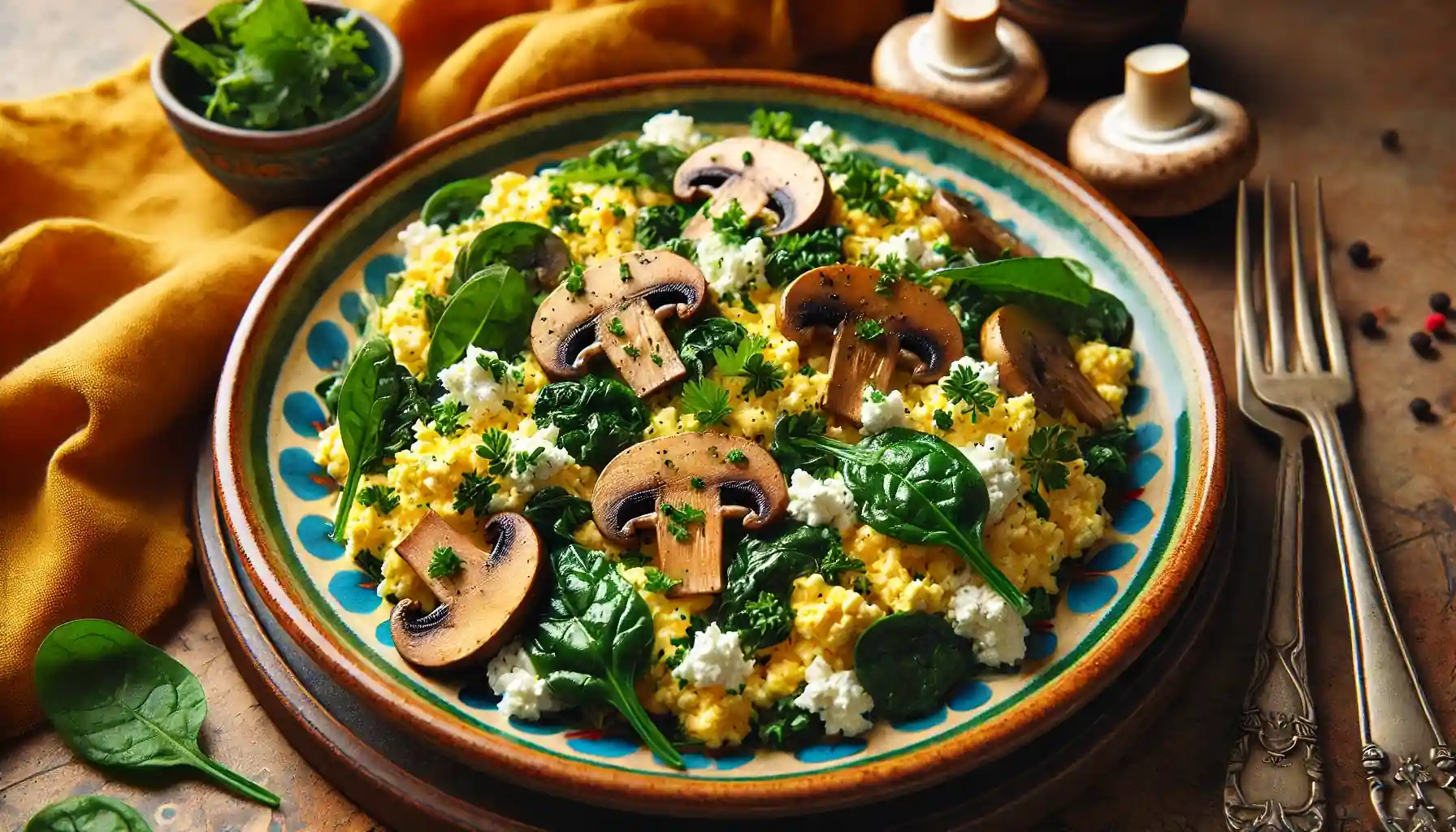 Fluffy scrambled eggs with cottage cheese, spinach, and mushrooms on a colorful plate