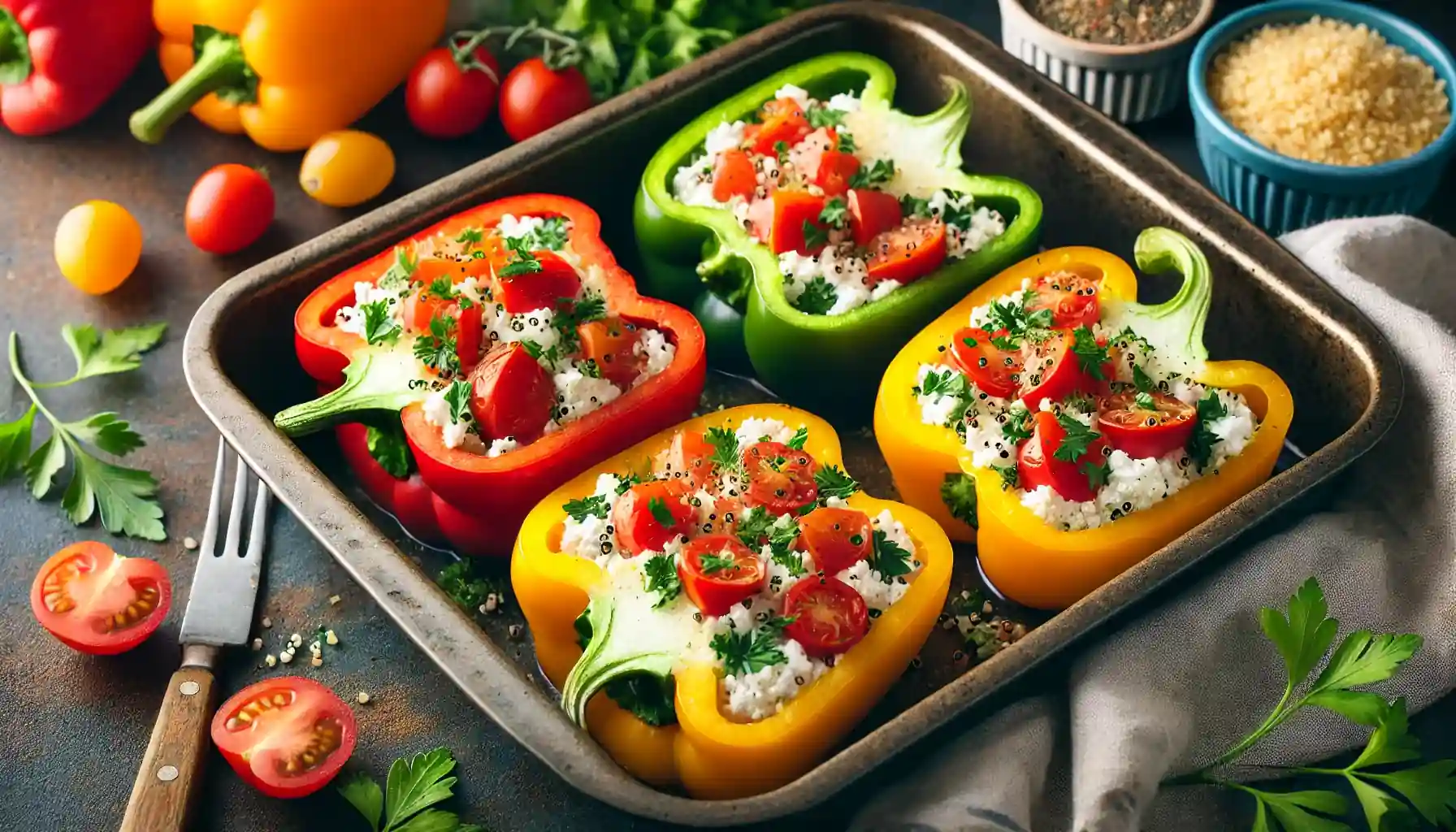 Halved bell peppers filled with cottage cheese, quinoa, and diced tomatoes in a baking dish.