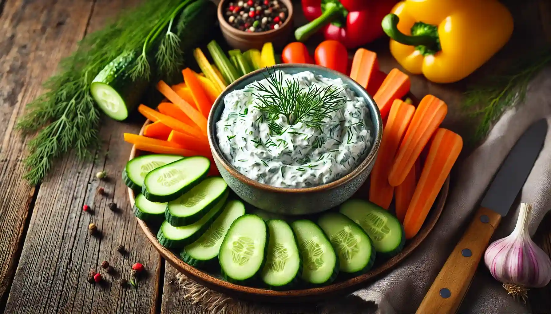 Bowl of herbed cottage cheese dip surrounded by sliced carrots, cucumbers, and bell peppers.