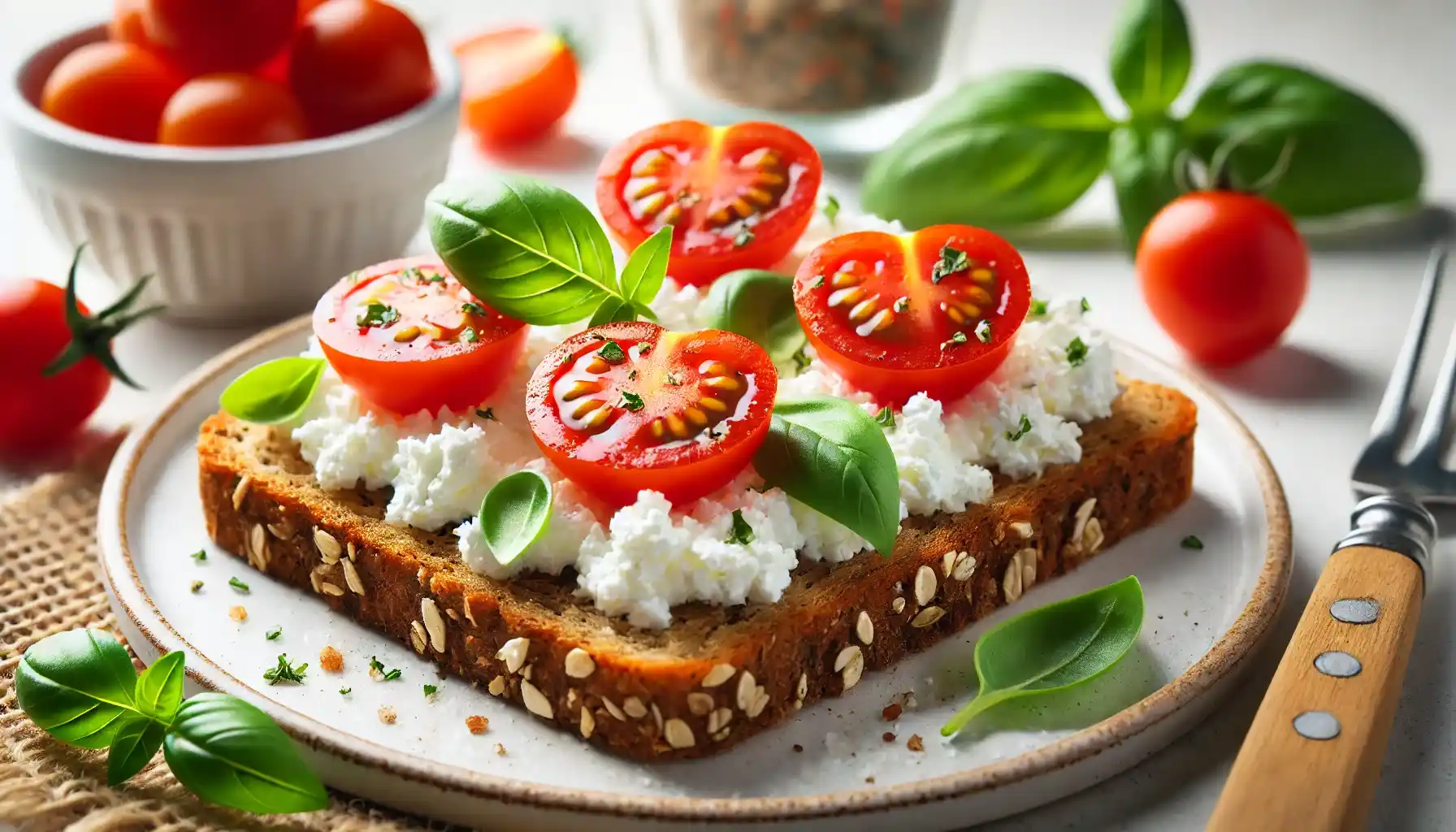 Whole grain toast topped with cottage cheese, cherry tomatoes, and basil on a white plate.